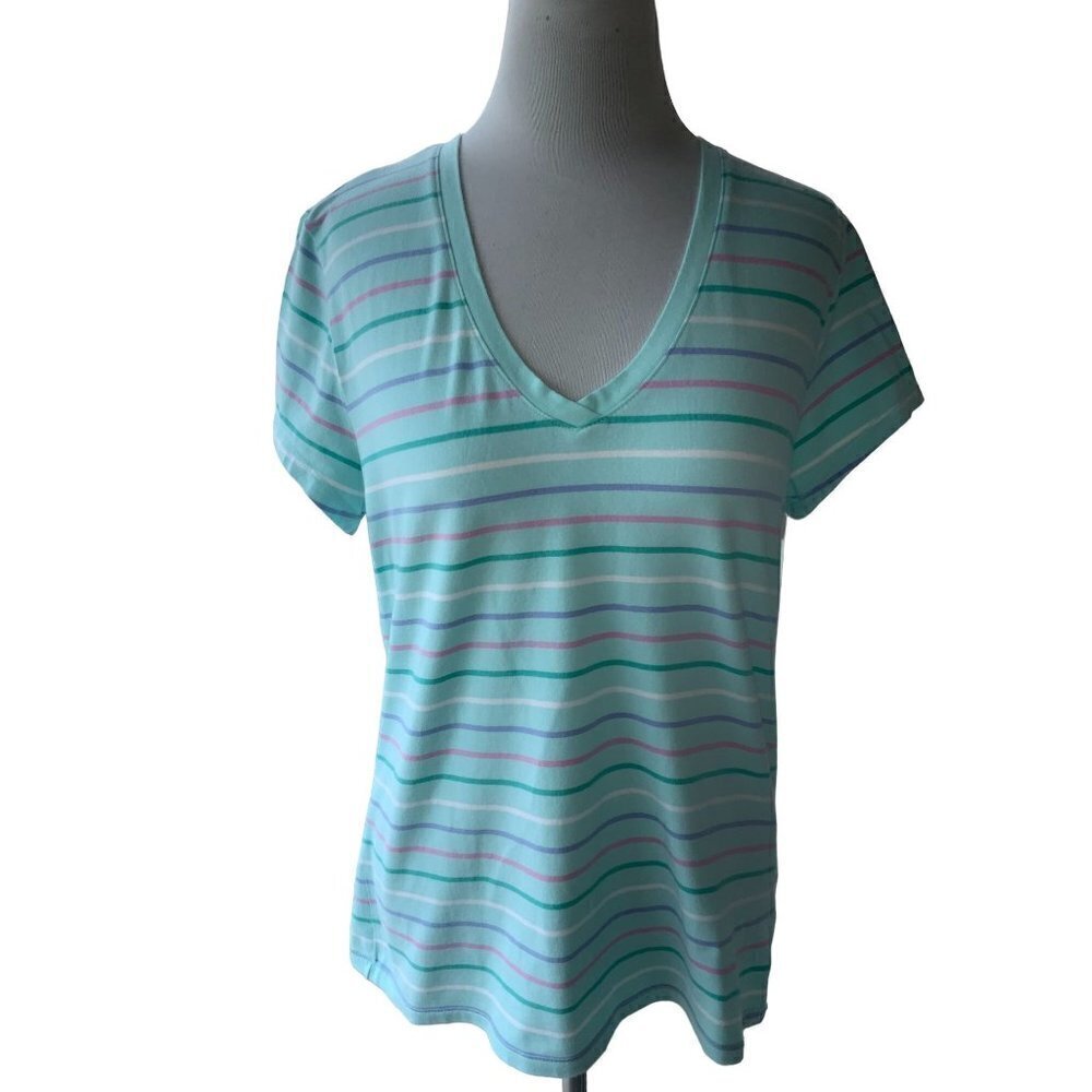 SONOMA LADIES VNECK STRETCH SS COLORFUL STRIPED TOP TEE TSHIRT TUNIC EUC L
